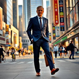 A middle-aged man walking confidently along a bustling urban street, wearing a tailored navy blue suit and stylish leather shoes, carrying a briefcase in one hand