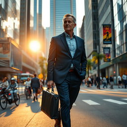 A middle-aged man walking confidently along a bustling urban street, wearing a tailored navy blue suit and stylish leather shoes, carrying a briefcase in one hand