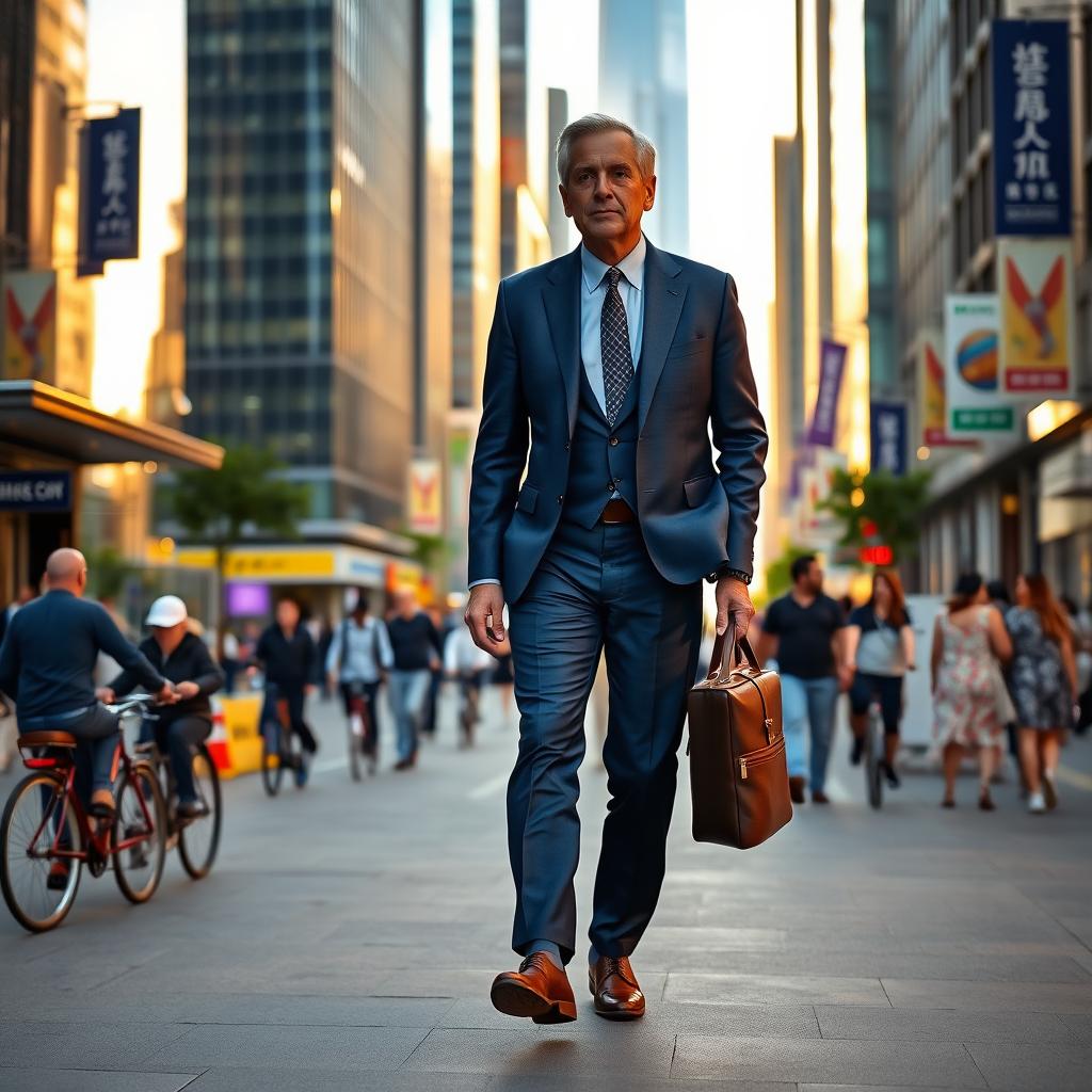 A middle-aged man walking confidently along a bustling urban street, wearing a tailored navy blue suit and stylish leather shoes, carrying a briefcase in one hand