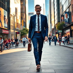 A middle-aged man walking confidently along a bustling urban street, wearing a tailored navy blue suit and stylish leather shoes, carrying a briefcase in one hand