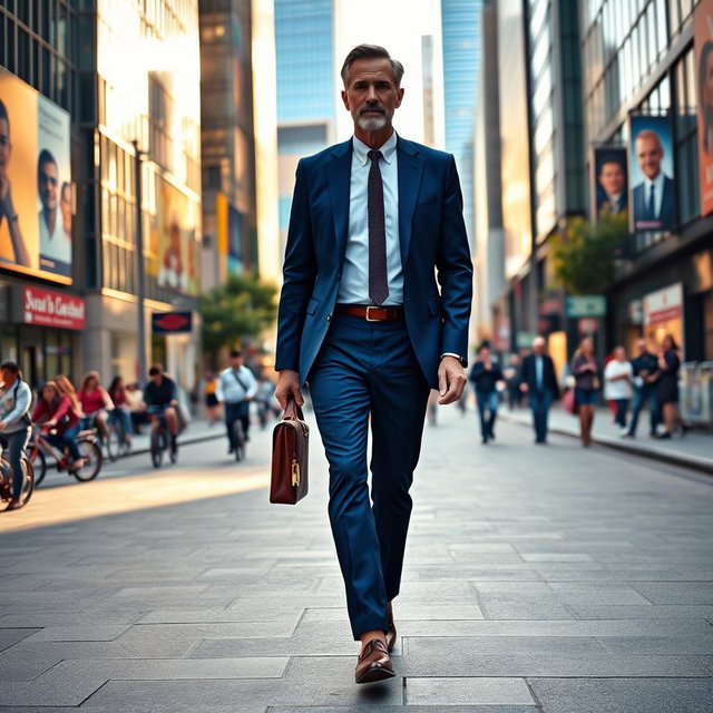A middle-aged man walking confidently along a bustling urban street, wearing a tailored navy blue suit and stylish leather shoes, carrying a briefcase in one hand