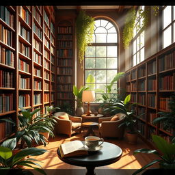 A picturesque library with an inviting atmosphere, featuring tall wooden shelves filled with colorful books