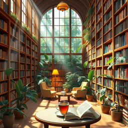 A picturesque library with an inviting atmosphere, featuring tall wooden shelves filled with colorful books