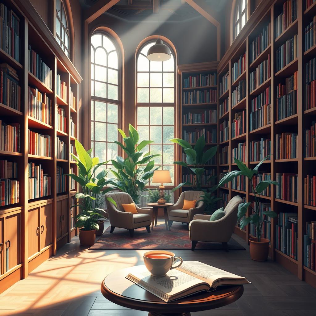 A picturesque library with an inviting atmosphere, featuring tall wooden shelves filled with colorful books