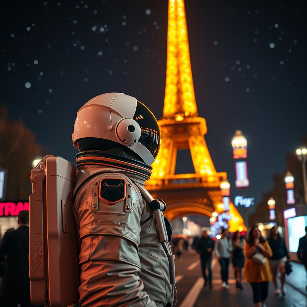 A spaceman in a futuristic suit standing on the streets of Paris, with the Eiffel Tower in the background, illuminated at night with vibrant lights