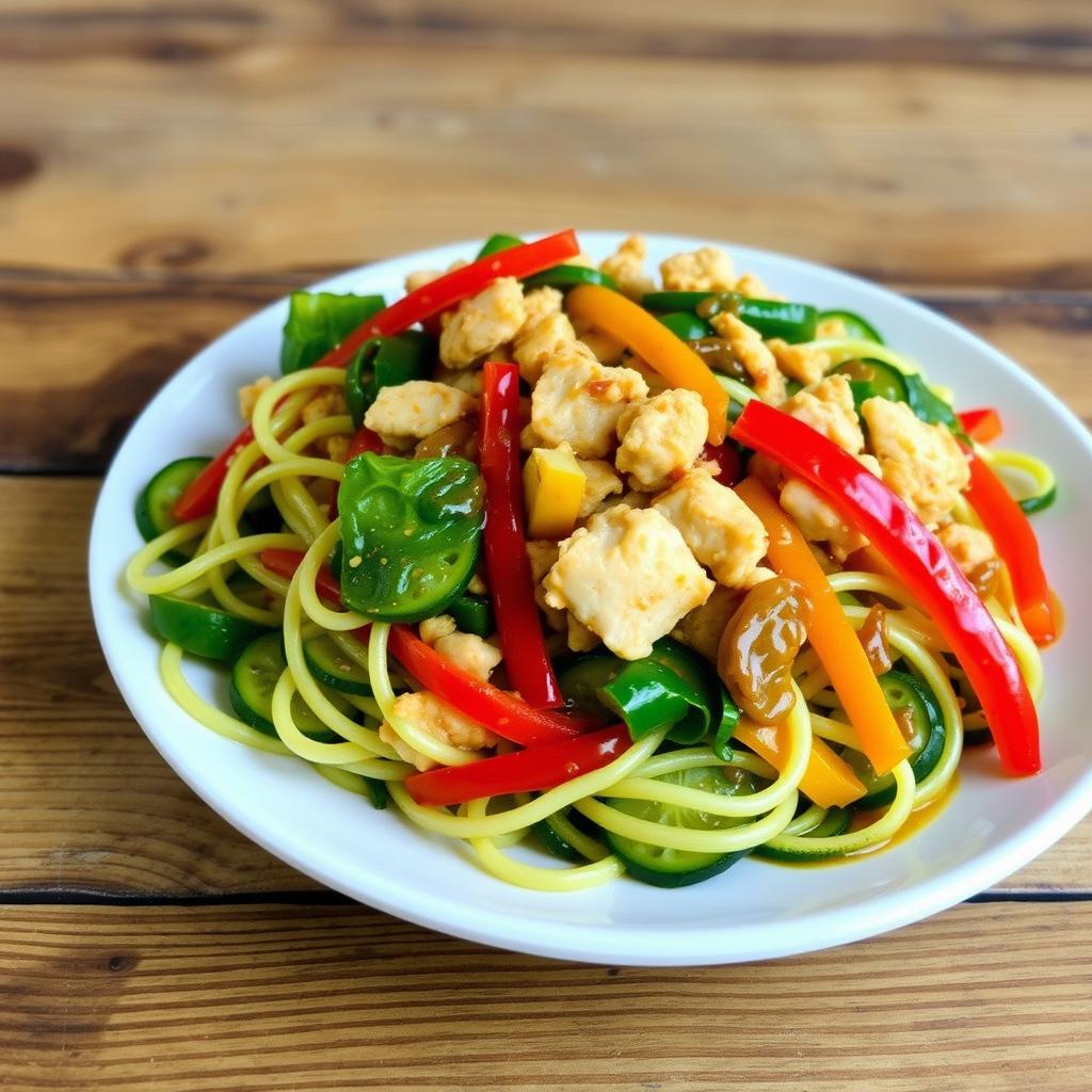 A delicious plate of zoodles (zucchini noodles) creatively presented, featuring colorful minced chicken, fresh spinach, vibrant colored bell peppers (red, yellow, and green) mixed in