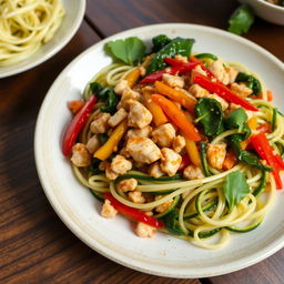 A delicious plate of zoodles (zucchini noodles) creatively presented, featuring colorful minced chicken, fresh spinach, vibrant colored bell peppers (red, yellow, and green) mixed in