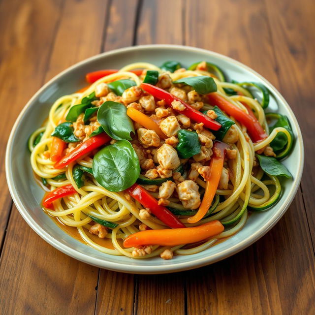 A delicious plate of zoodles (zucchini noodles) creatively presented, featuring colorful minced chicken, fresh spinach, vibrant colored bell peppers (red, yellow, and green) mixed in