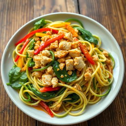 A delicious plate of zoodles (zucchini noodles) creatively presented, featuring colorful minced chicken, fresh spinach, vibrant colored bell peppers (red, yellow, and green) mixed in