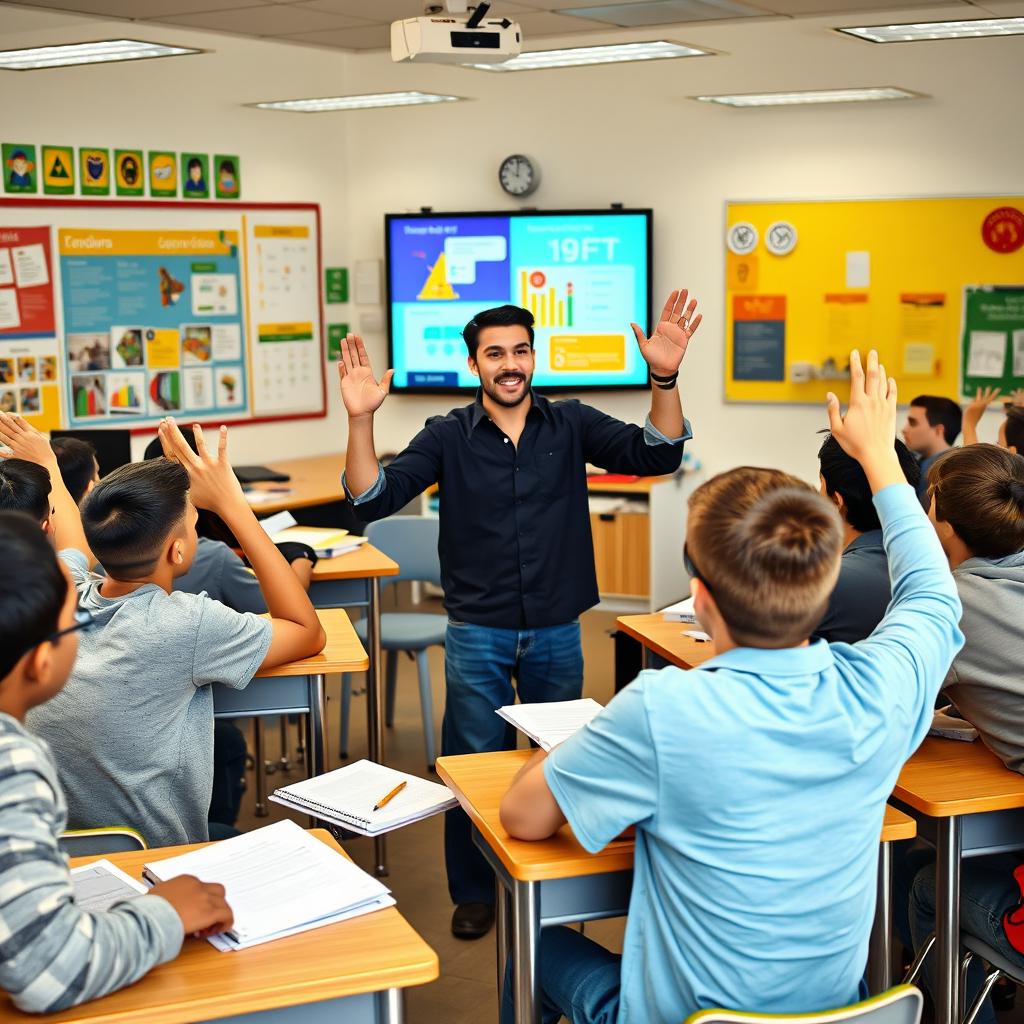 A young male teacher actively engaging with a large group of teenage boys in a dynamic classroom setting