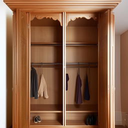 An intricately designed wooden wardrobe, spacious enough to contain clothing and shoes for two individuals.