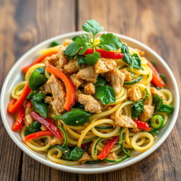 A vibrant and appetizing dish featuring zoodles (zucchini noodles) tossed with minced chicken, fresh spinach, and colorful bell peppers
