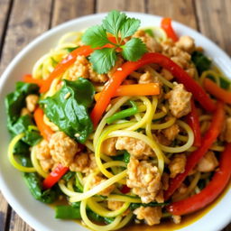 A vibrant and appetizing dish featuring zoodles (zucchini noodles) tossed with minced chicken, fresh spinach, and colorful bell peppers