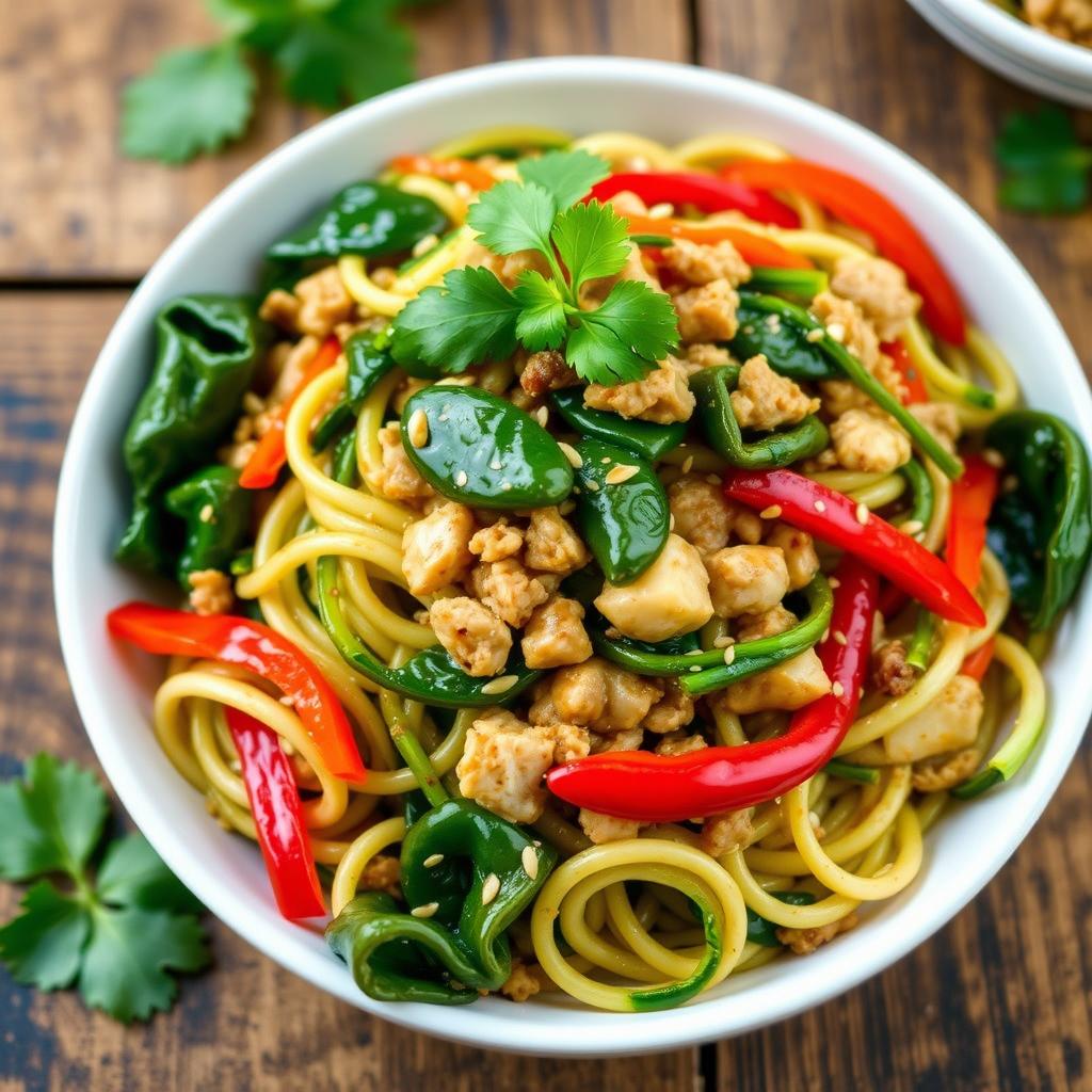 A vibrant and appetizing dish featuring zoodles (zucchini noodles) tossed with minced chicken, fresh spinach, and colorful bell peppers