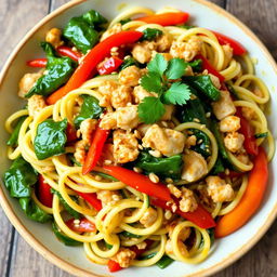 A vibrant and appetizing dish featuring zoodles (zucchini noodles) tossed with minced chicken, fresh spinach, and colorful bell peppers