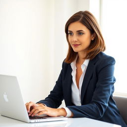 A portrait of a confident European businesswoman sitting at her office desk, focused on her laptop