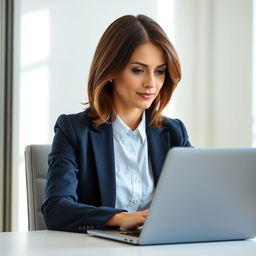 A portrait of a confident European businesswoman sitting at her office desk, focused on her laptop