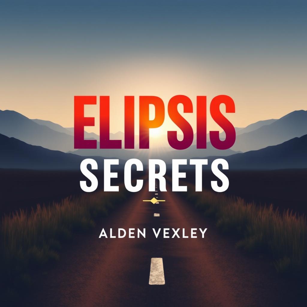 A flat book cover design titled 'Elipsis Secrets' prominently displayed in the center with bold, eye-catching typography in large font and an intriguing color contrast, on a serene landscape background featuring a pathway leading towards a bright horizon symbolizing transformation