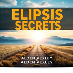 A flat book cover design titled 'Elipsis Secrets' prominently displayed in the center with bold, eye-catching typography in large font and an intriguing color contrast, on a serene landscape background featuring a pathway leading towards a bright horizon symbolizing transformation