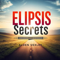 A flat book cover design titled 'Elipsis Secrets' prominently displayed in the center with bold, eye-catching typography in large font and an intriguing color contrast, on a serene landscape background featuring a pathway leading towards a bright horizon symbolizing transformation