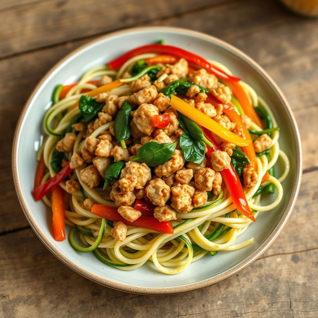 A beautifully arranged plate of zoodles (zucchini noodles) topped with golden-brown minced chicken, vibrant green spinach, and colorful bell peppers in red, yellow, and green