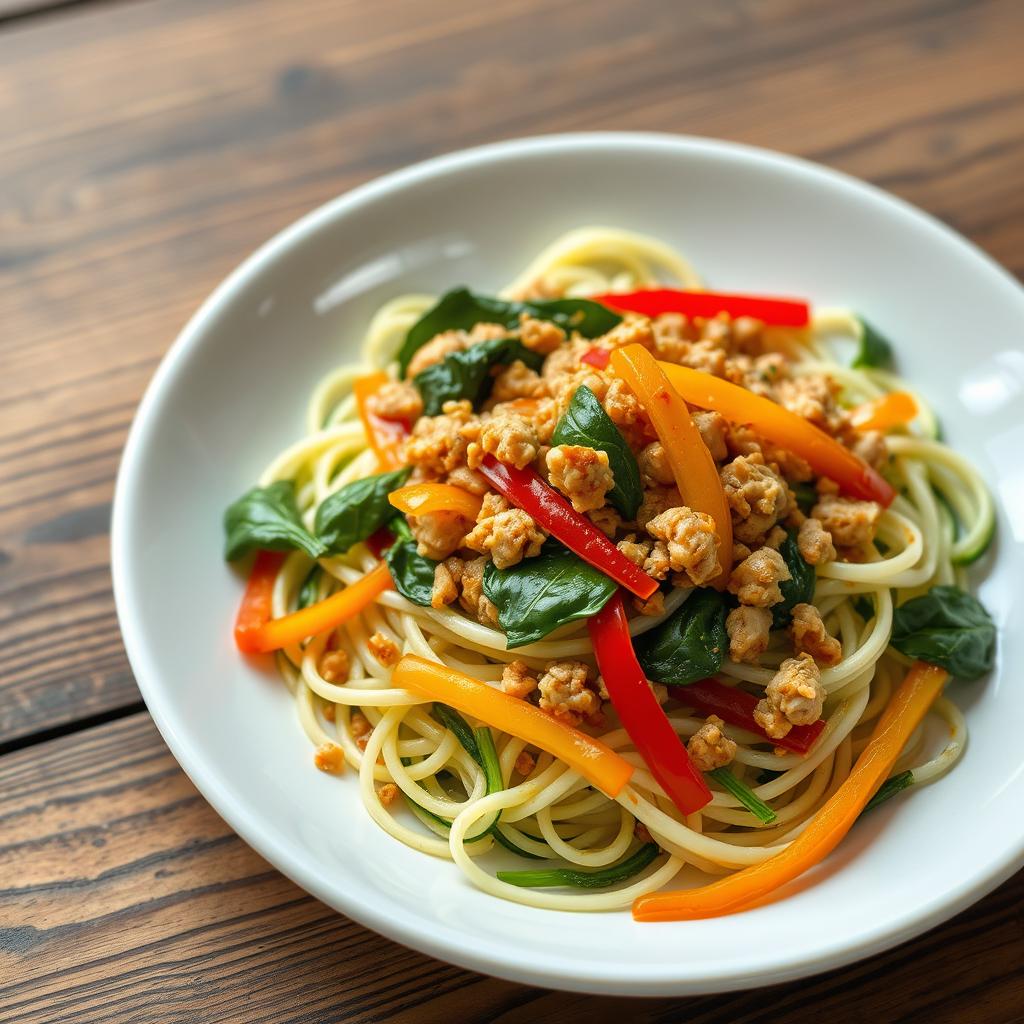 A beautifully arranged plate of zoodles (zucchini noodles) topped with golden-brown minced chicken, vibrant green spinach, and colorful bell peppers in red, yellow, and green