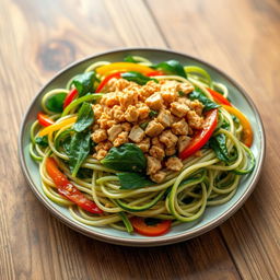 A beautifully arranged plate of zoodles (zucchini noodles) topped with golden-brown minced chicken, vibrant green spinach, and colorful bell peppers in red, yellow, and green