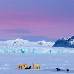 A breathtaking view of a cold winter in the Arctic, showcasing a vast expanse of icy blue glaciers and snow-covered mountains
