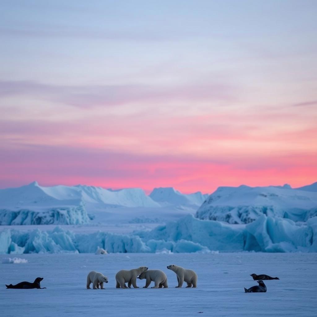 A breathtaking view of a cold winter in the Arctic, showcasing a vast expanse of icy blue glaciers and snow-covered mountains