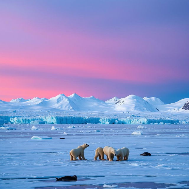 A breathtaking view of a cold winter in the Arctic, showcasing a vast expanse of icy blue glaciers and snow-covered mountains