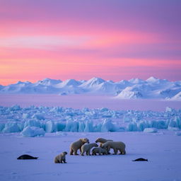 A breathtaking view of a cold winter in the Arctic, showcasing a vast expanse of icy blue glaciers and snow-covered mountains