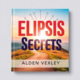 A flat book cover design titled "Elipsis Secrets" by Alden Vexley, featuring a realistic image of a serene landscape with a winding path leading toward a bright horizon, symbolizing transformation