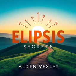 A flat book cover design titled "Elipsis Secrets" by Alden Vexley, featuring a realistic image of a serene landscape with a winding path leading toward a bright horizon, symbolizing transformation