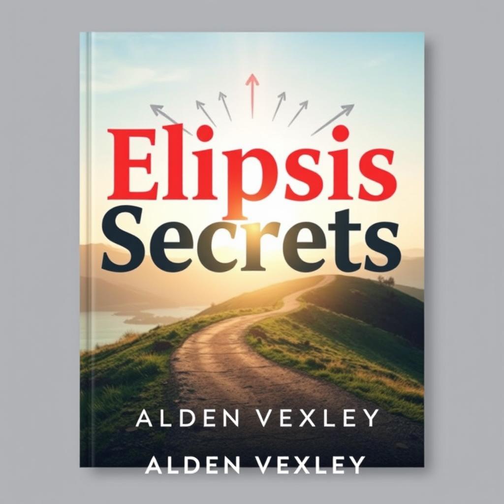A flat book cover design titled "Elipsis Secrets" by Alden Vexley, featuring a realistic image of a serene landscape with a winding path leading toward a bright horizon, symbolizing transformation