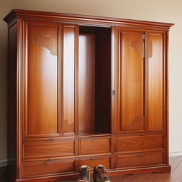 An intricately designed wooden wardrobe, spacious enough to contain clothing and shoes for two individuals.