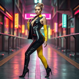 a stylish outfit featuring a latex ensemble, emphasizing vibrant colors and sleek designs, showcasing a model posing confidently, with a backdrop of a futuristic urban setting, soft neon lights reflecting off the shiny latex material, the model has striking makeup with bold eye shadows, high-heeled boots adding to the edgy look