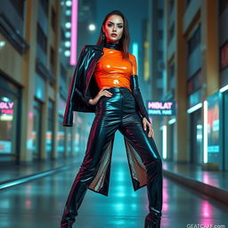 a stylish outfit featuring a latex ensemble, emphasizing vibrant colors and sleek designs, showcasing a model posing confidently, with a backdrop of a futuristic urban setting, soft neon lights reflecting off the shiny latex material, the model has striking makeup with bold eye shadows, high-heeled boots adding to the edgy look