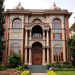 A stunning five-story house with an intricate Iranian facade, featuring colorful mosaic tiles and ornate arches