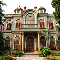 A stunning five-story house with an intricate Iranian facade, featuring colorful mosaic tiles and ornate arches