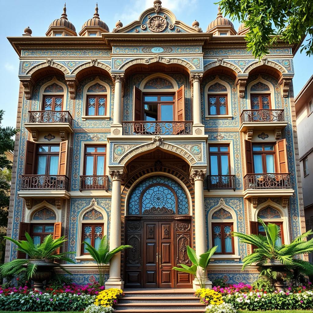 A stunning five-story house with an intricate Iranian facade, featuring colorful mosaic tiles and ornate arches