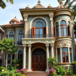 A stunning five-story house with an intricate Iranian facade, featuring colorful mosaic tiles and ornate arches