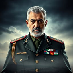 A powerful and dignified portrait of Qassem Soleimani, showcasing him in his iconic Iranian general's uniform adorned with medals