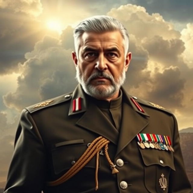 A powerful and dignified portrait of Qassem Soleimani, showcasing him in his iconic Iranian general's uniform adorned with medals