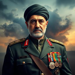 A powerful and dignified portrait of Qassem Soleimani, showcasing him in his iconic Iranian general's uniform adorned with medals