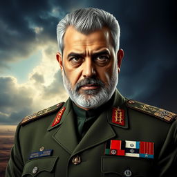 A powerful and dignified portrait of Qassem Soleimani, showcasing him in his iconic Iranian general's uniform adorned with medals