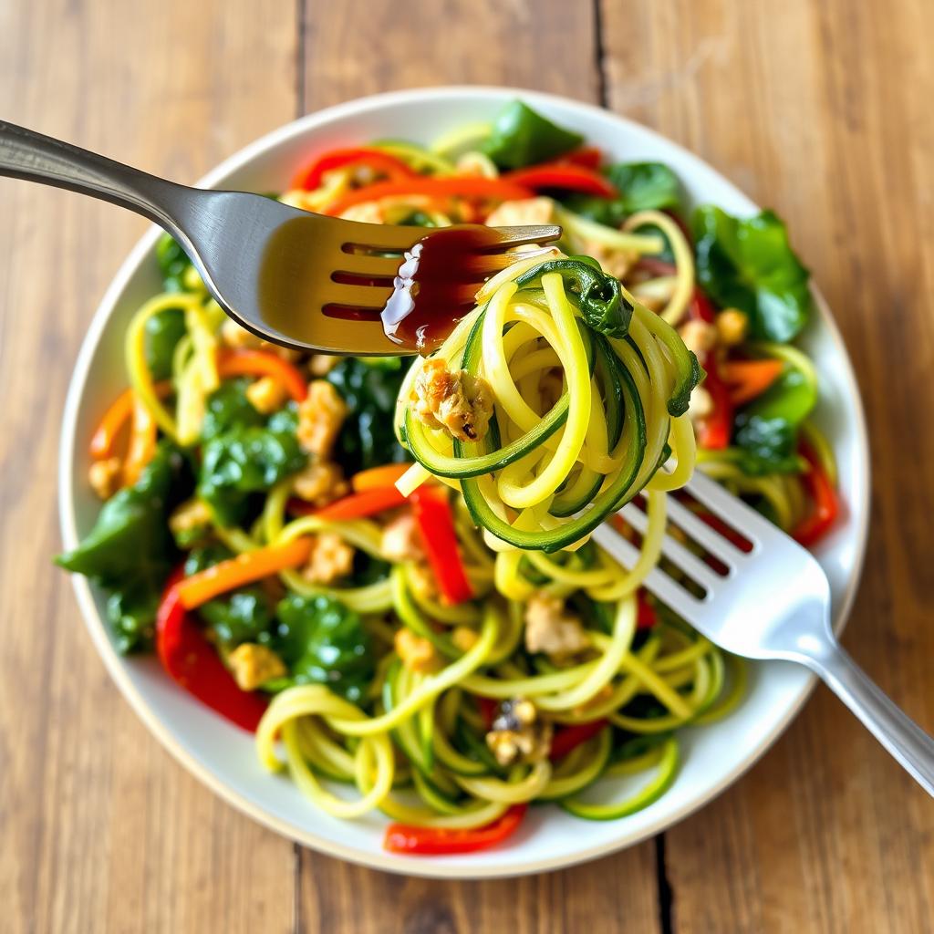 A vibrant and colorful plate of zoodles (zucchini noodles) cooked with minced chicken, fresh spinach, and assorted colored bell peppers