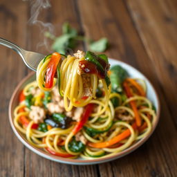 A vibrant and colorful plate of zoodles (zucchini noodles) cooked with minced chicken, fresh spinach, and assorted colored bell peppers