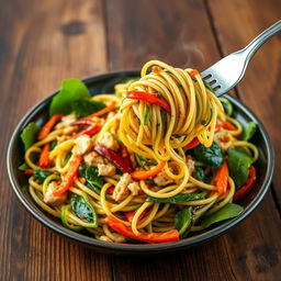 A vibrant and colorful plate of zoodles (zucchini noodles) cooked with minced chicken, fresh spinach, and assorted colored bell peppers
