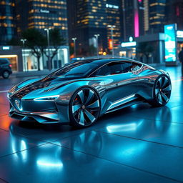 A futuristic concept car with a sleek, aerodynamic body design, glowing accents, and advanced technology features