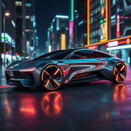 A futuristic concept car with a sleek, aerodynamic body design, glowing accents, and advanced technology features